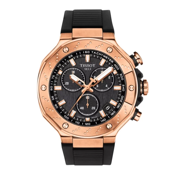 Tissot T141.417.37.051.00 T-Race — корпус цвета розового золота и чёрный силиконовый ремешок