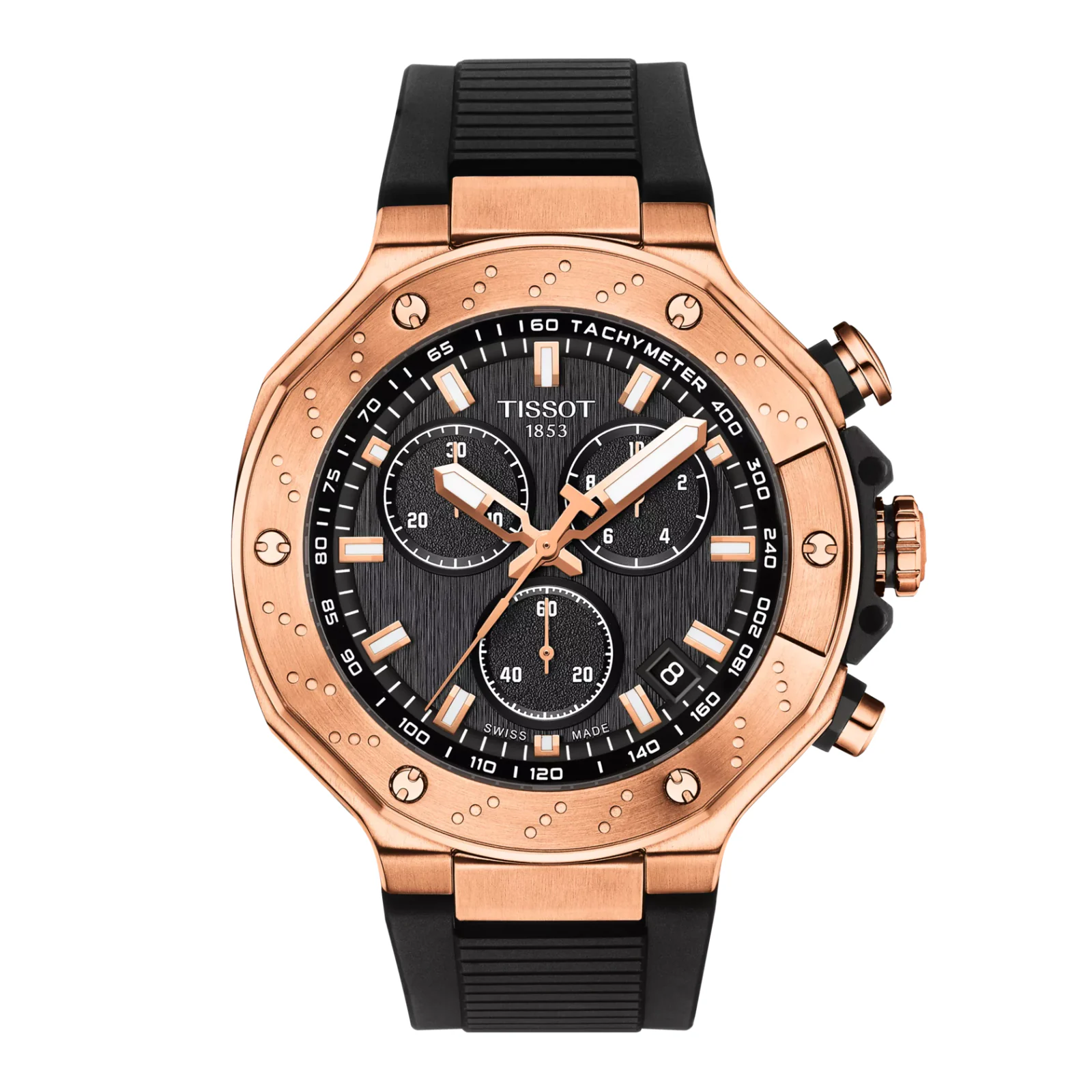 Tissot T141.417.37.051.00 T-Race — корпус цвета розового золота и чёрный силиконовый ремешок