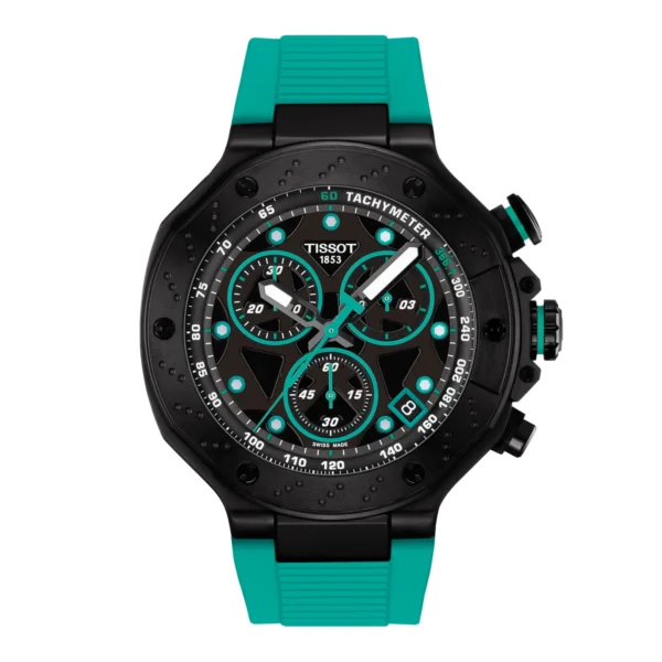 Tissot T141.417.37.051.01 T-Race — чёрный хронограф с бирюзовым силиконовым ремешком