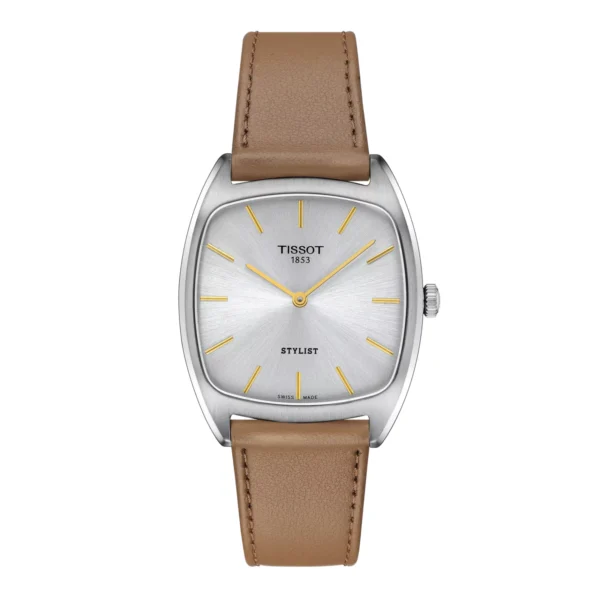Tissot T159.909.16.031.00 Stylist — квадратный корпус, серебристый циферблат и кожаный ремешок