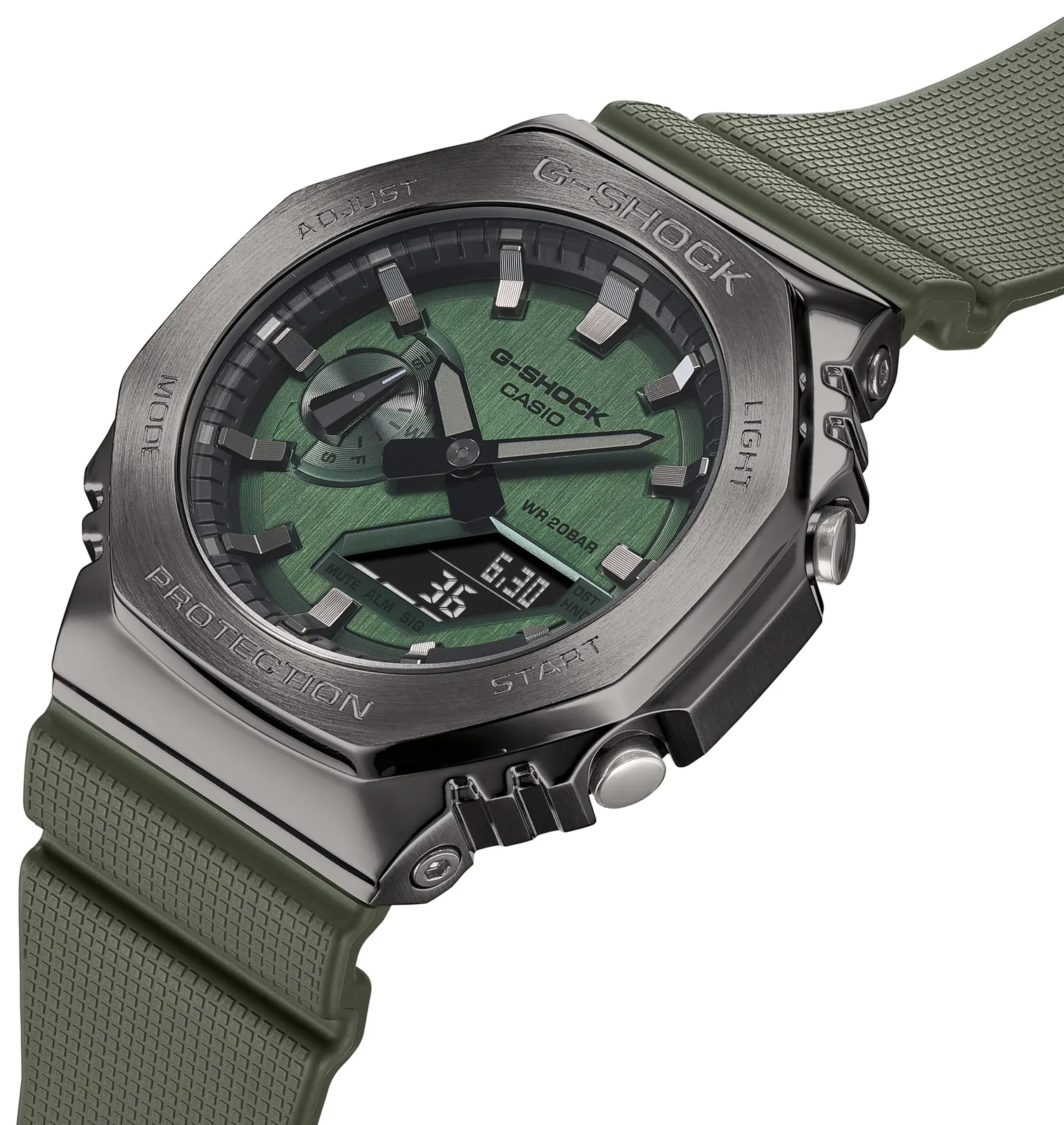 Casio GM-2100B-3A — корпус и кнопки под углом