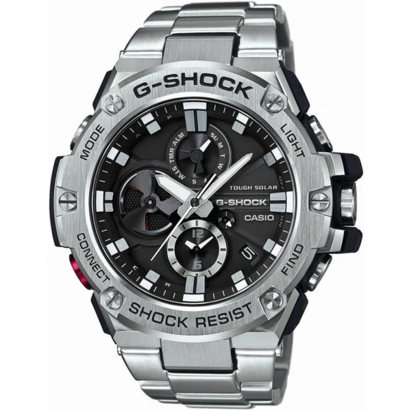 Casio G-Shock GST-B100D-1A — главное каталожное фото со сложенным стальным браслетом