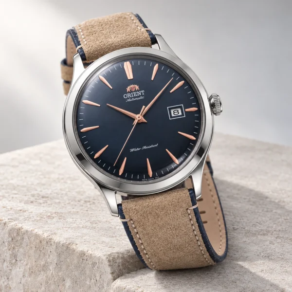Orient Bambino RA-AC0P02L — тёмно-синий циферблат и замшевый ремень, студийная композиция
