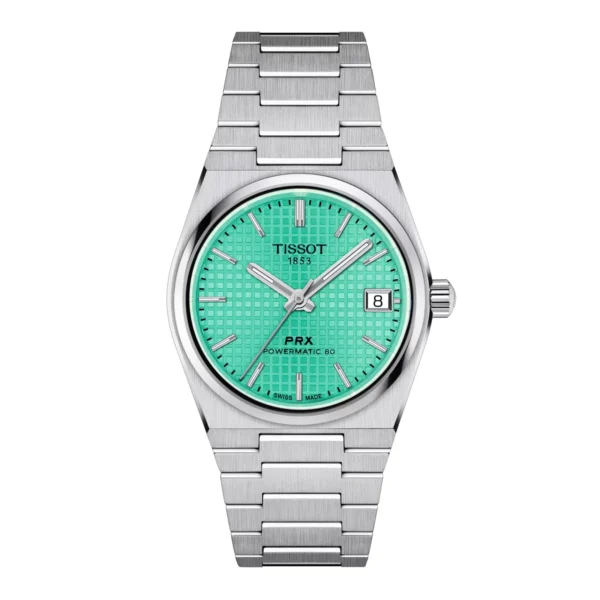 Tissot PRX Powermatic 80 T137.207.11.091.01 — вид спереди, светло-зелёный циферблат