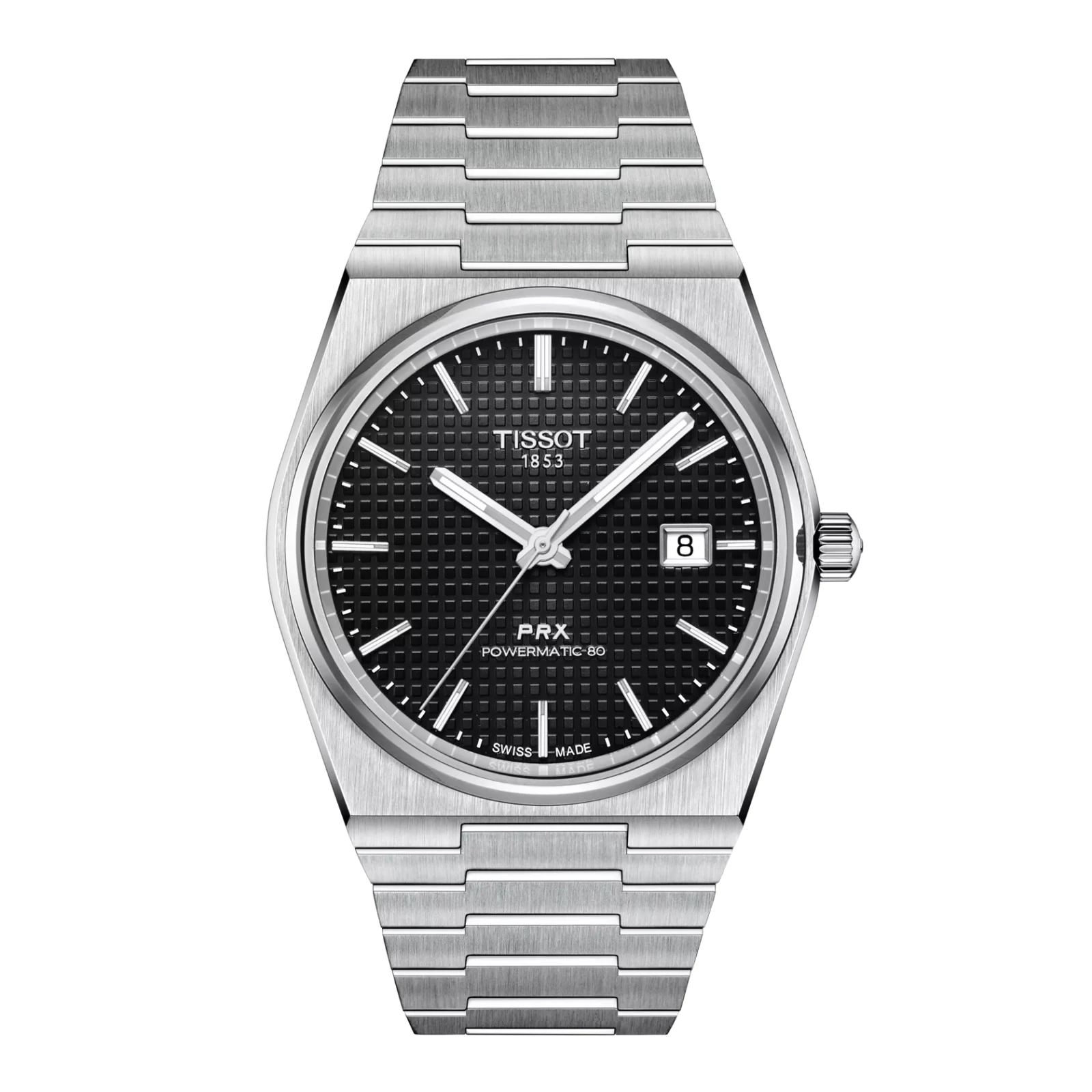 Tissot PRX Powermatic 80 T137.407.11.051.00 — вид спереди, чёрный циферблат