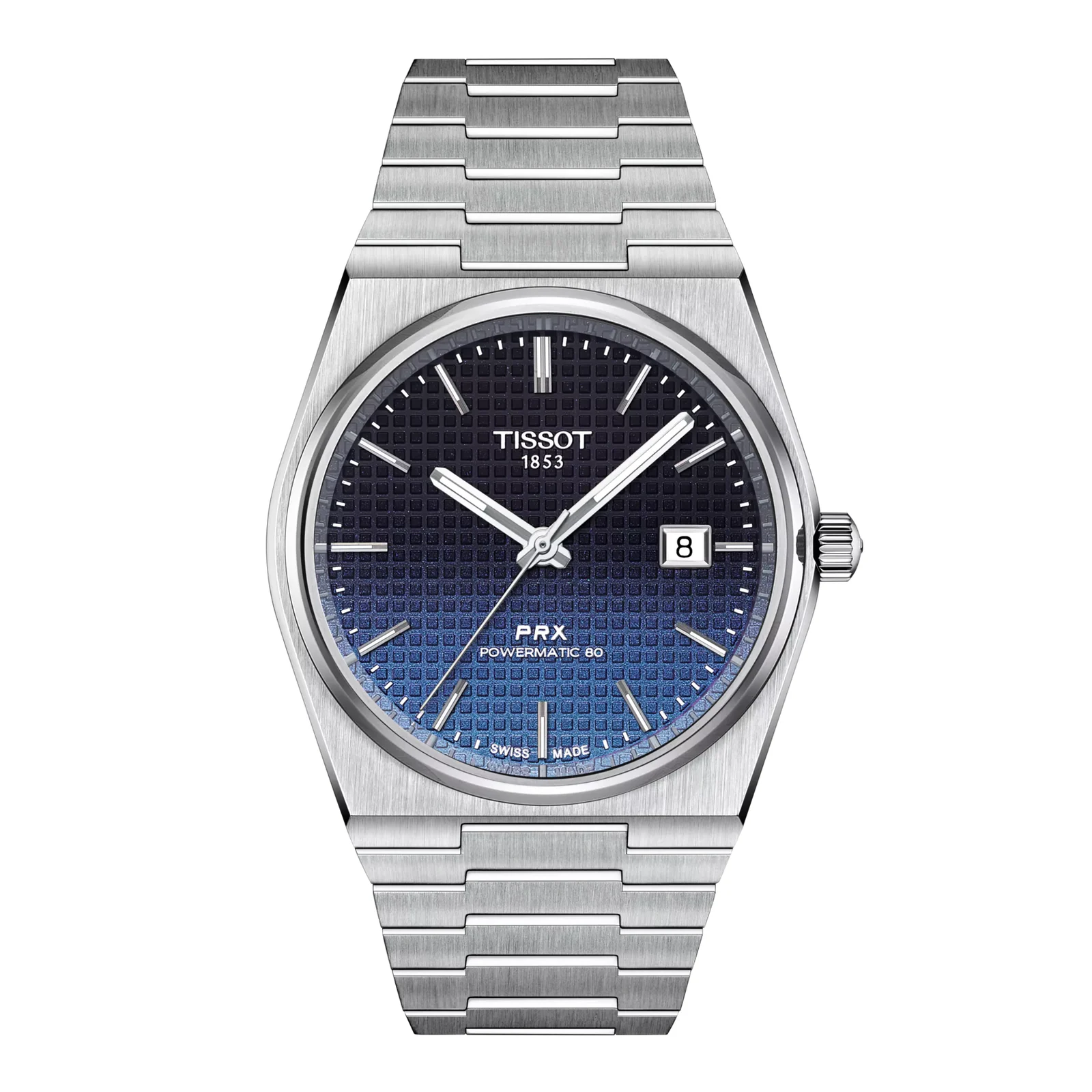 Tissot PRX Powermatic 80 T137.407.11.051.01 — вид спереди, градиентный синий циферблат