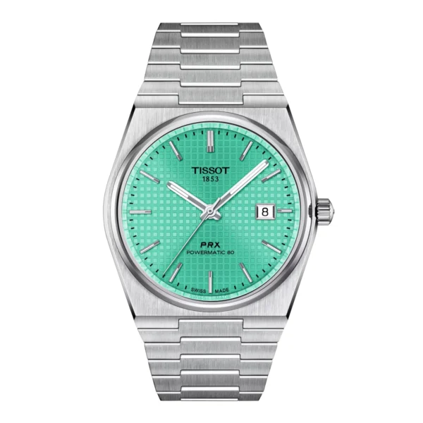 Tissot PRX Powermatic 80 T137.407.11.091.01 — вид спереди, светло-зелёный циферблат