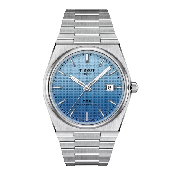 Tissot PRX Powermatic 80 T137.407.11.351.01 — вид спереди, градиентный голубой циферблат