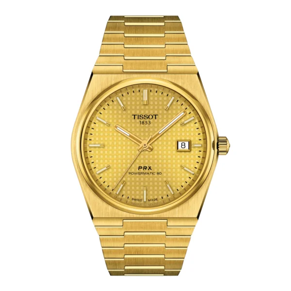 Tissot PRX Powermatic 80 T137.407.33.021.00 — вид спереди, циферблат шампань и золотистый корпус