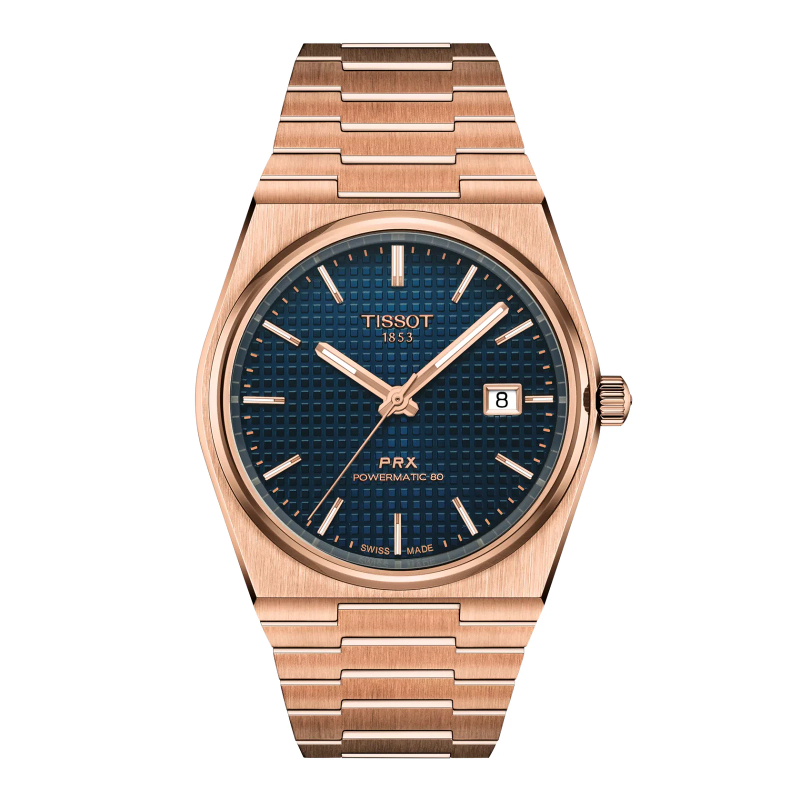 Tissot PRX Powermatic 80 T137.407.33.041.00 — вид спереди, тёмно-синий циферблат и корпус цвета розового золота