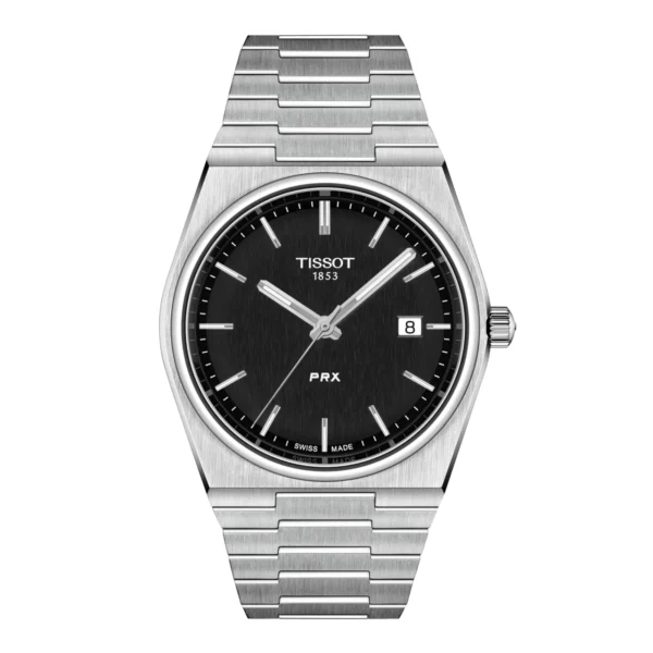 Tissot PRX Quartz T137.410.11.051.00 — вид спереди, чёрный циферблат и стальной браслет