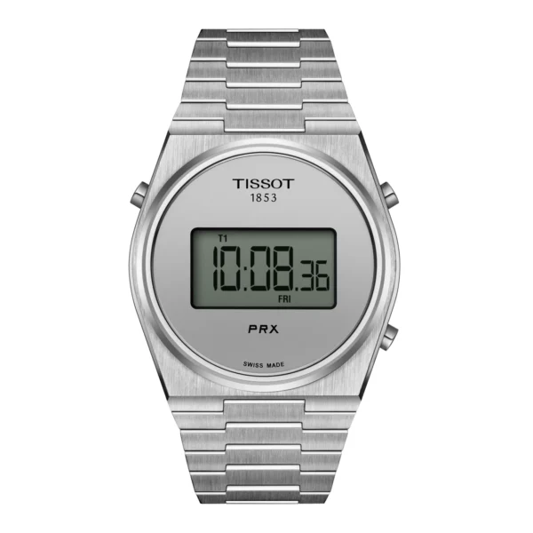 Tissot PRX Digital T137.463.11.030.00 — вид спереди, серый циферблат с цифровым дисплеем и стальной браслет