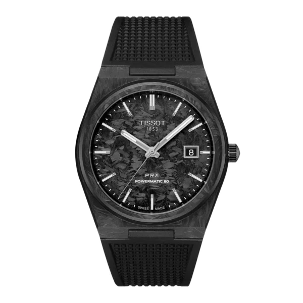 Tissot PRX Carbon Powermatic 80 T137.907.97.201.00 — вид спереди, чёрный карбоновый циферблат и корпус